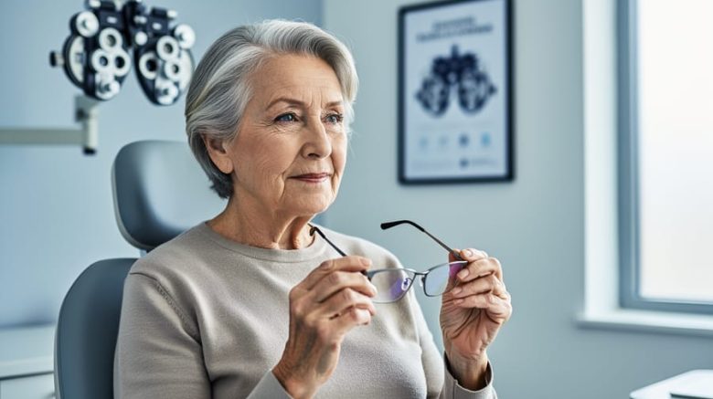 Elderly adult holding eyeglasses during an eye exam in a bright eye-care clinic, suggesting early detection of age-related vision conditions.