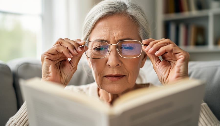 Elderly person holding reading glasses in a home setting, suggesting difficulty with near vision.