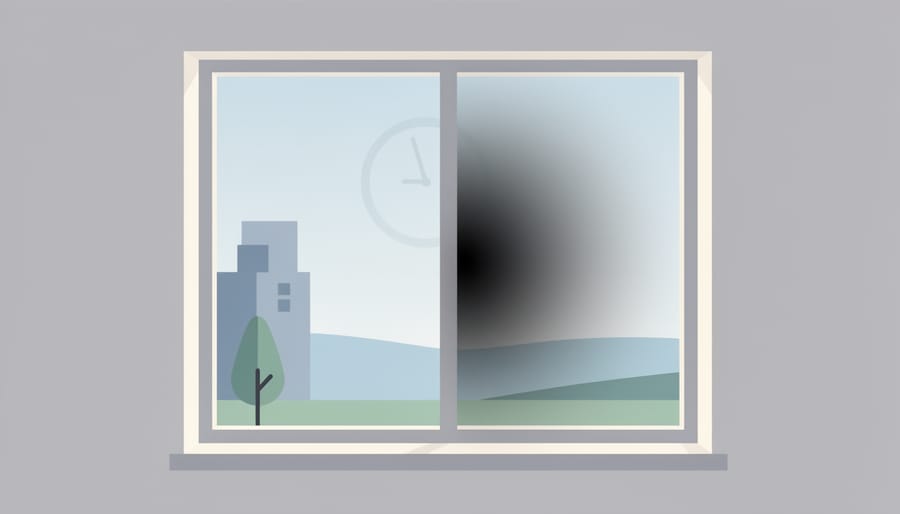 Older adult looking out a window with a dim shadowy veil across part of the view to suggest sudden vision loss.