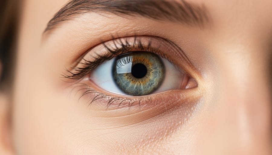 Close-up of a human eye with clear corneal reflections and detailed texture.