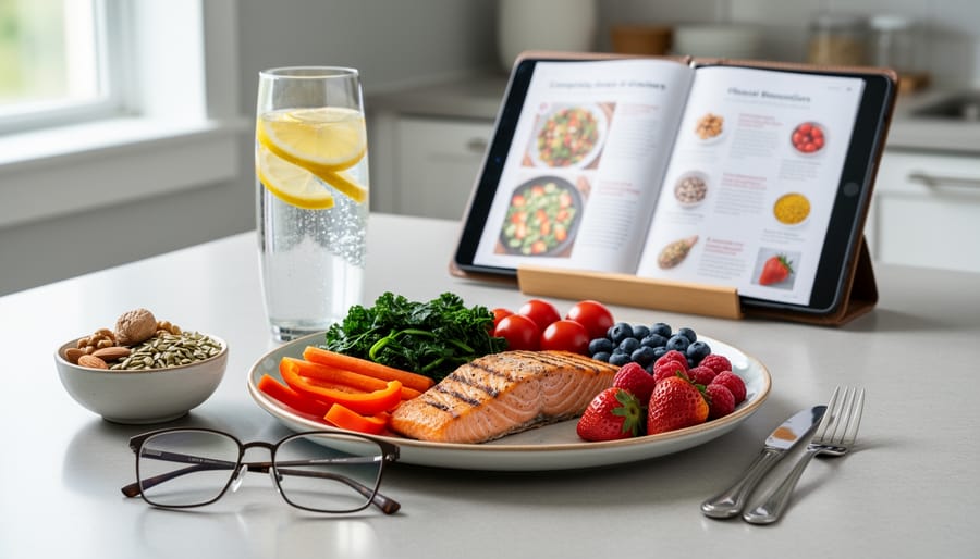 Person preparing a meal with leafy greens, colorful vegetables, and salmon on a kitchen counter.