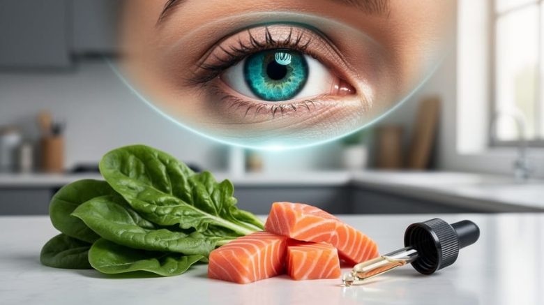 “Close-up of a healthy human eye with nutrient-rich leafy greens, omega-3 fish, and a dropper suggesting eye nutrition supporting vision.”
