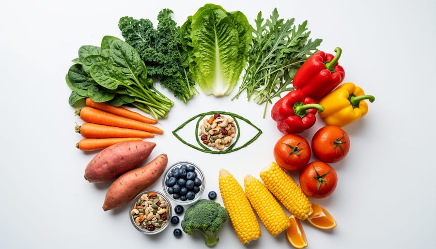 Fresh leafy greens, nuts, and seeds arranged in a bowl on a countertop.