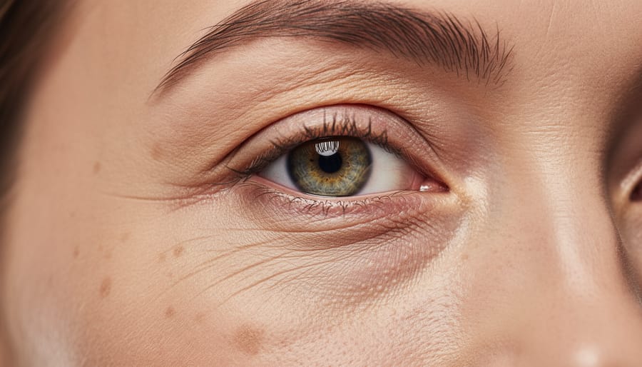 Macro close-up of the under-eye skin texture and lower eyelid area