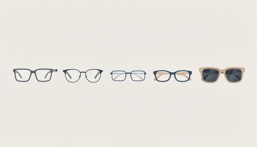 Assorted eyewear frames displayed on a clean optical retail surface.