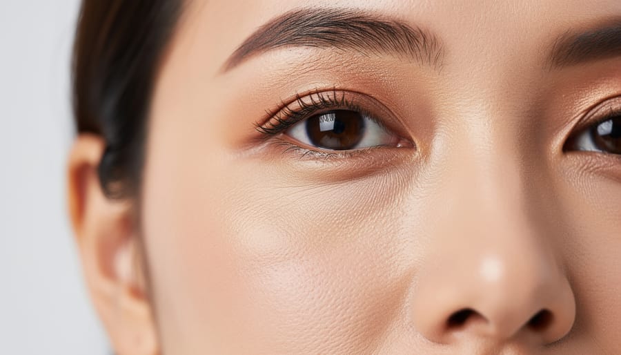 Person gently touching the under-eye area in front of a mirror in soft daylight
