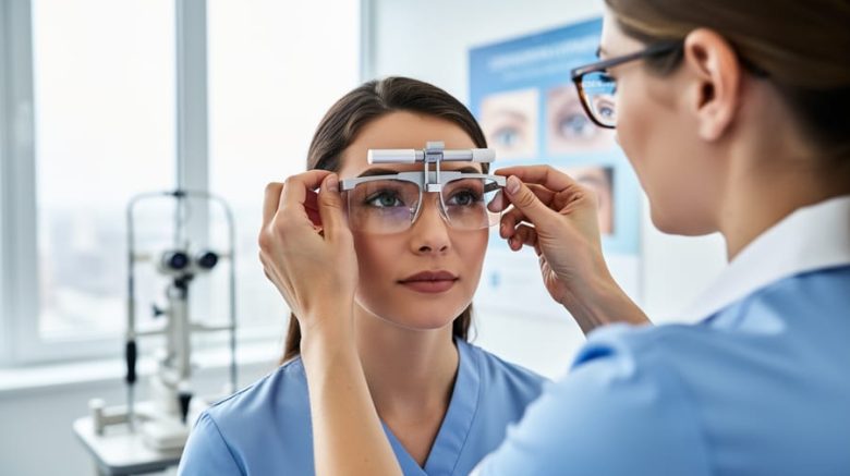 Patient wearing protective eye exam eyewear as a clinician adjusts the frame in a bright clinic.