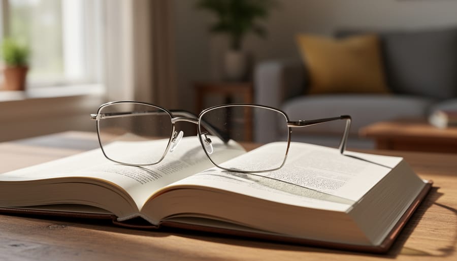Close-up of reading glasses on an open book at a desk.