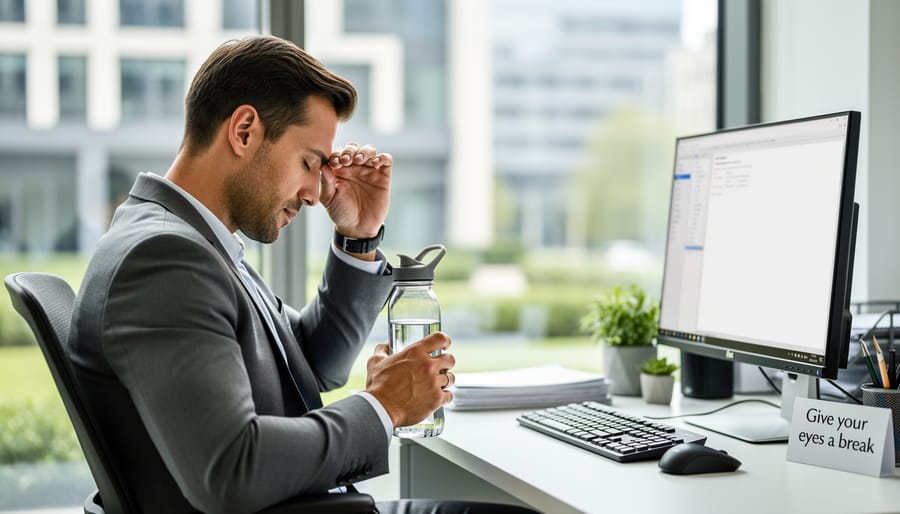 Person at a desk taking a screen break by looking toward a window