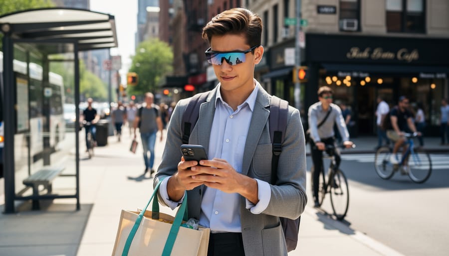 Person wearing smart glasses in an outdoor street scene.