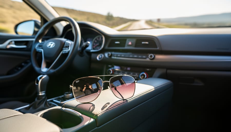 Sunglasses placed on a car dashboard in warm sunlight.