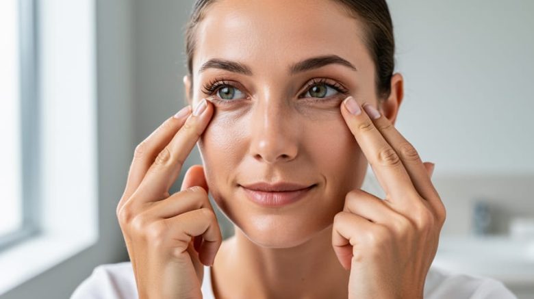 Close-up of a person gently touching the skin under their eye while looking at themselves in a mirror in soft daylight.