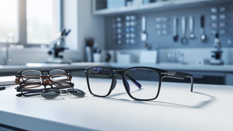 Modern smart glasses and other eyewear components arranged on a clean optical lab workbench under soft natural light.